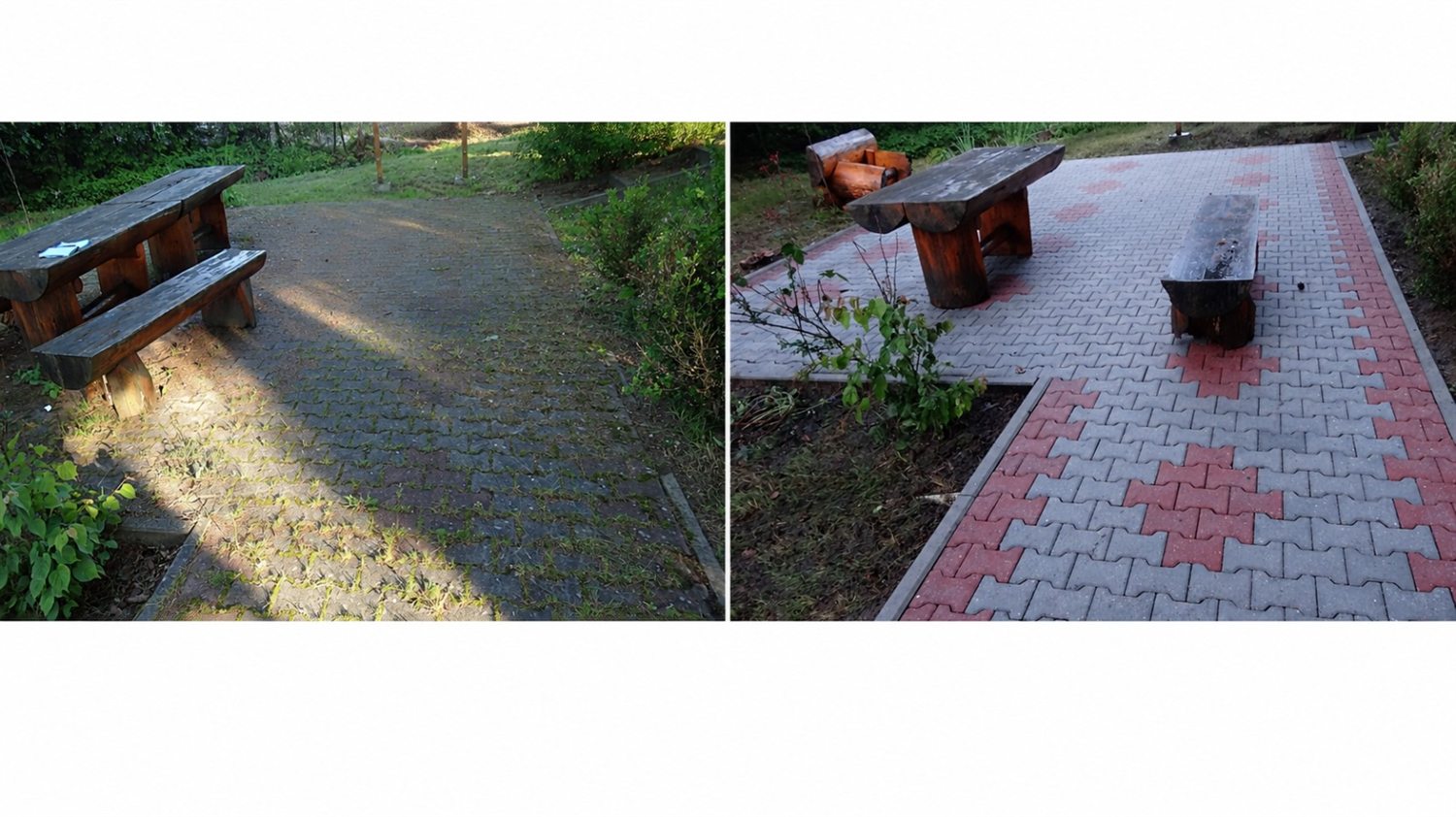 Plac wypoczynkowy z kostki brukowej przed czyszczeniem i po czyszczeniu