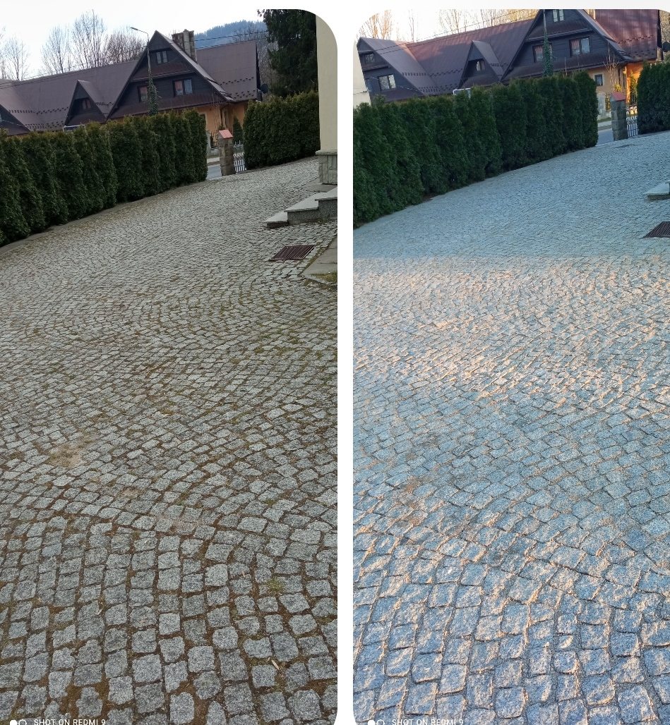 Podjazd z kostki granitowej przed czyszczeniem i po czyszczeniu ciśnieniowym
