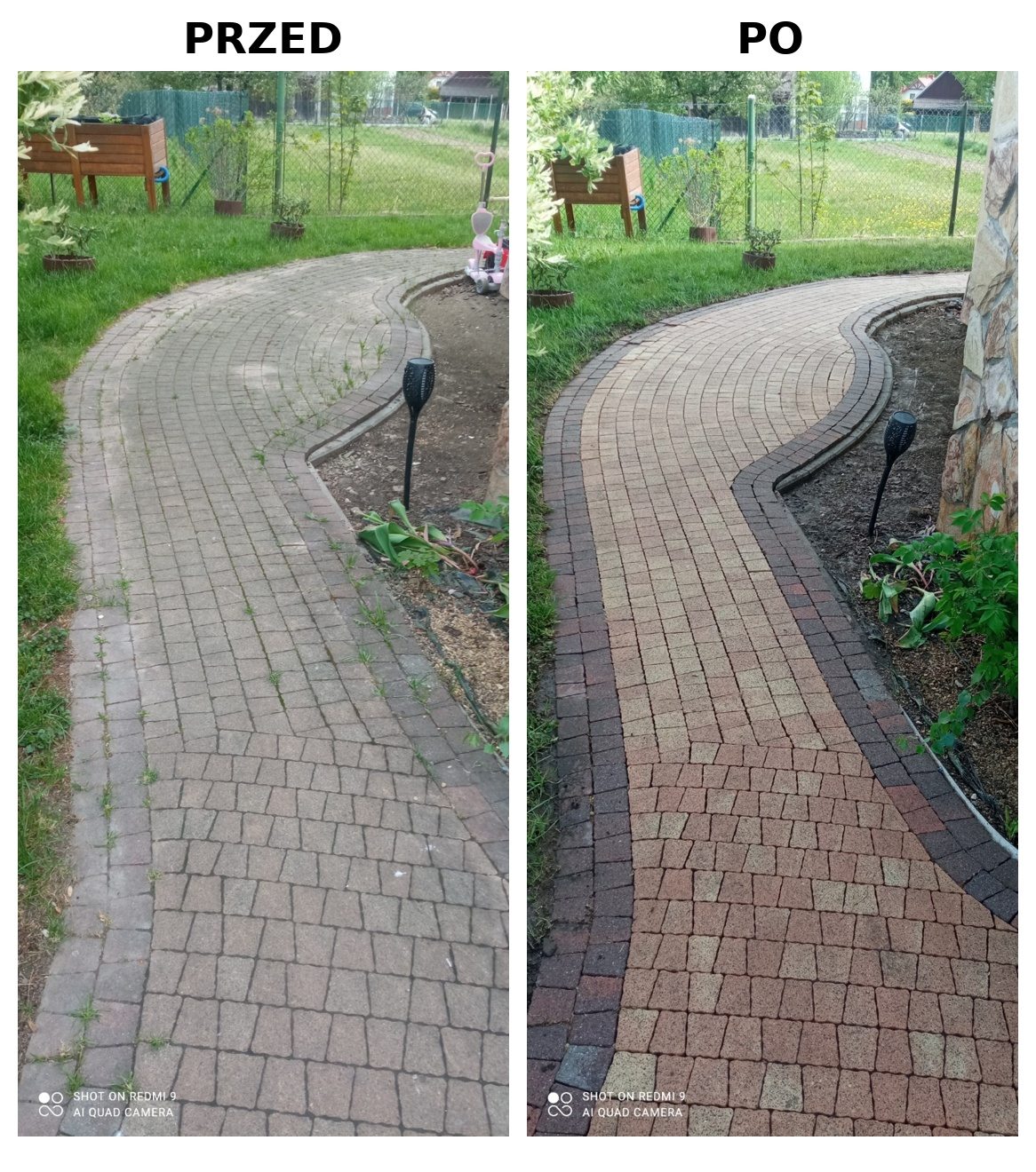Ścieżka ogrodowa z kostki brukowej przed myciem i po umyciu